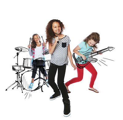 Buy stock photo Studio shot of children playing rock music on imaginary instruments