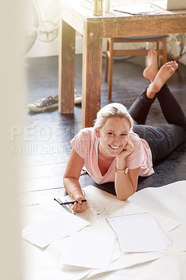Buy stock photo Portrait of a female graphic artist working on illustrations at home