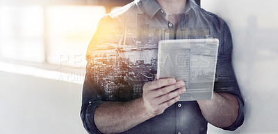 Buy stock photo Multiple exposure shot of a businessman using a digital tablet superimposed on a cityscape