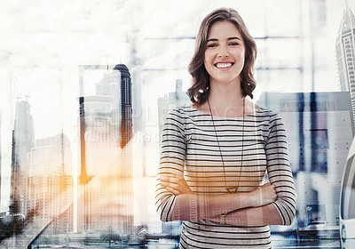 Buy stock photo Multiple exposure shot of a businesswoman in an office superimposed on a cityscape