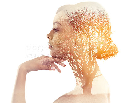 Buy stock photo Multiple exposure shot of a young woman superimposed on an image of a tree