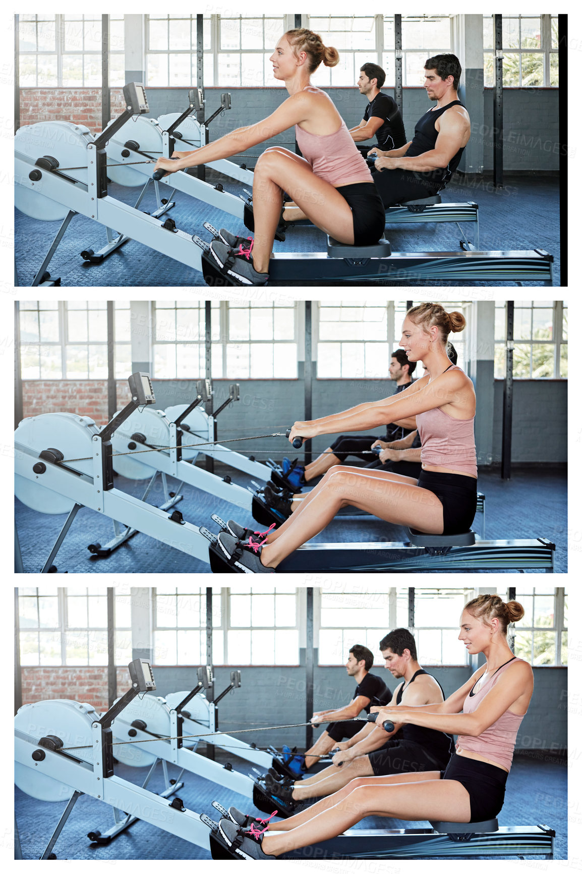 Buy stock photo Composite shot of a group of people working out on rowing machines in a gym