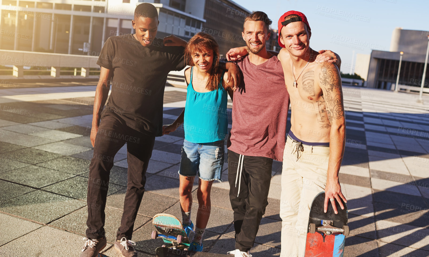 Buy stock photo Shot of a group of skaters standing together