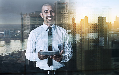 Buy stock photo Shot of a happy businessman using a tablet superimposed over a cityscape