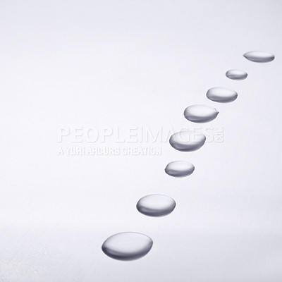 Buy stock photo Water, droplets and white background, wallpaper and pattern design isolated in studio on mockup space. Liquid, backdrop and bubbles, drops of rain or abstract circle, texture and splash of clean aqua