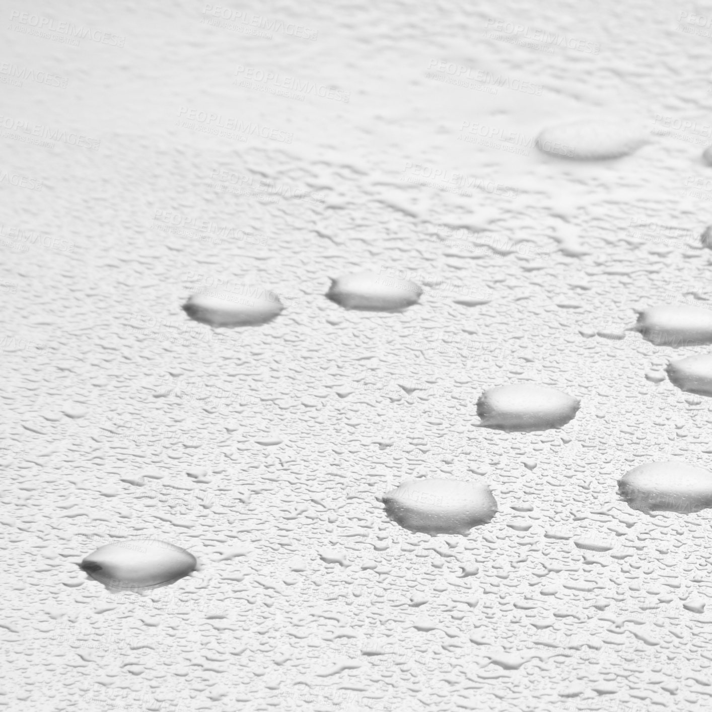Buy stock photo Water drops, texture and splash or white background with liquid, rain condensation or morning dew. Zoom, transparent and pure droplets, raindrops or bubbles of refreshing moisture on mock up space