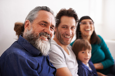 Buy stock photo Family, portrait and parents, grandfather and child in living room, happy together with generations and love. Bonding, care and people relax at home with smile on face, trust and support in life