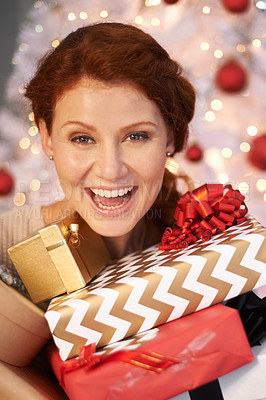 Buy stock photo Woman, portrait and Christmas tree with present box for holiday giving with season celebration, event or packaging. Female person, face and excited for vacation break with gift, giveaway or prize