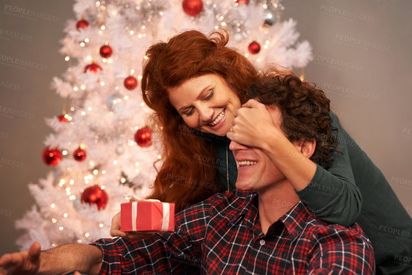 Buy stock photo Cropped shot of an affectionate woman surprising her husband with a gift at Christmas