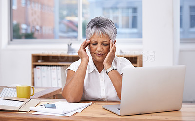 Buy stock photo Stress, headache and woman on laptop in office administration for migraine, burnout or mistake. Brain fog, problem or migraine of senior business person massage temple and planning on her computer