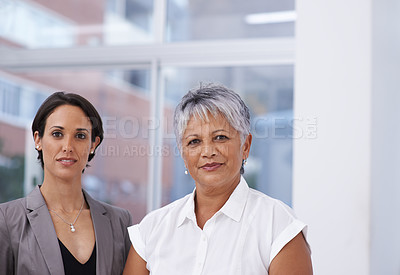 Buy stock photo Portrait of two businesswomen standing beside each other in an office