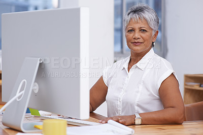 Buy stock photo Computer, portrait and mature woman in office for online management, digital planning and working with career mindset. Confident indian person, professional worker or business employee on desktop pc