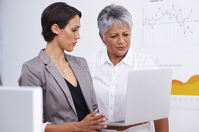 Buy stock photo Teamwork, laptop and business women with data analysis, company growth and analytics review for online research. Charts, graphs and statistics of digital employees or people with focus on computer