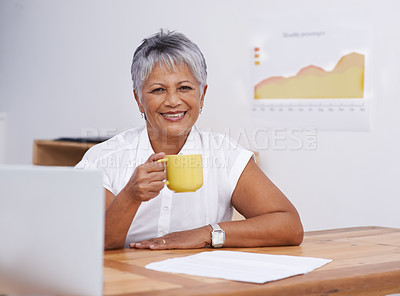 Buy stock photo Coffee, office portrait and mature woman with inspiration for planning, online research and happy business growth. Face of indian person, employee or worker with laptop, tea or drink for productivity