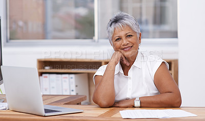 Buy stock photo Office, portrait and mature woman on laptop for career management, planning and working with professional mindset. Happy face of indian person, worker or business employee on computer in workplace
