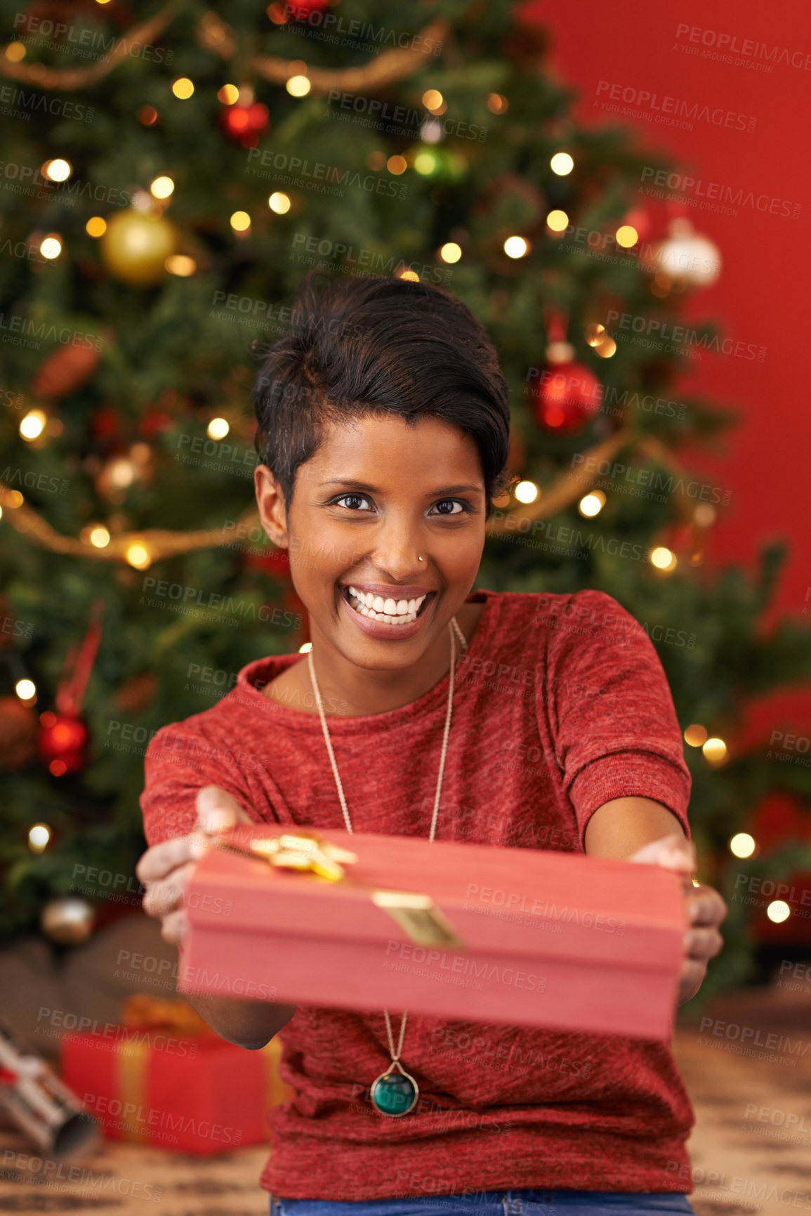 Buy stock photo Christmas, portrait and woman with gift giving for celebration offer and kindness on festive holiday. Smile. person and face with happiness for present, share and special event in living room