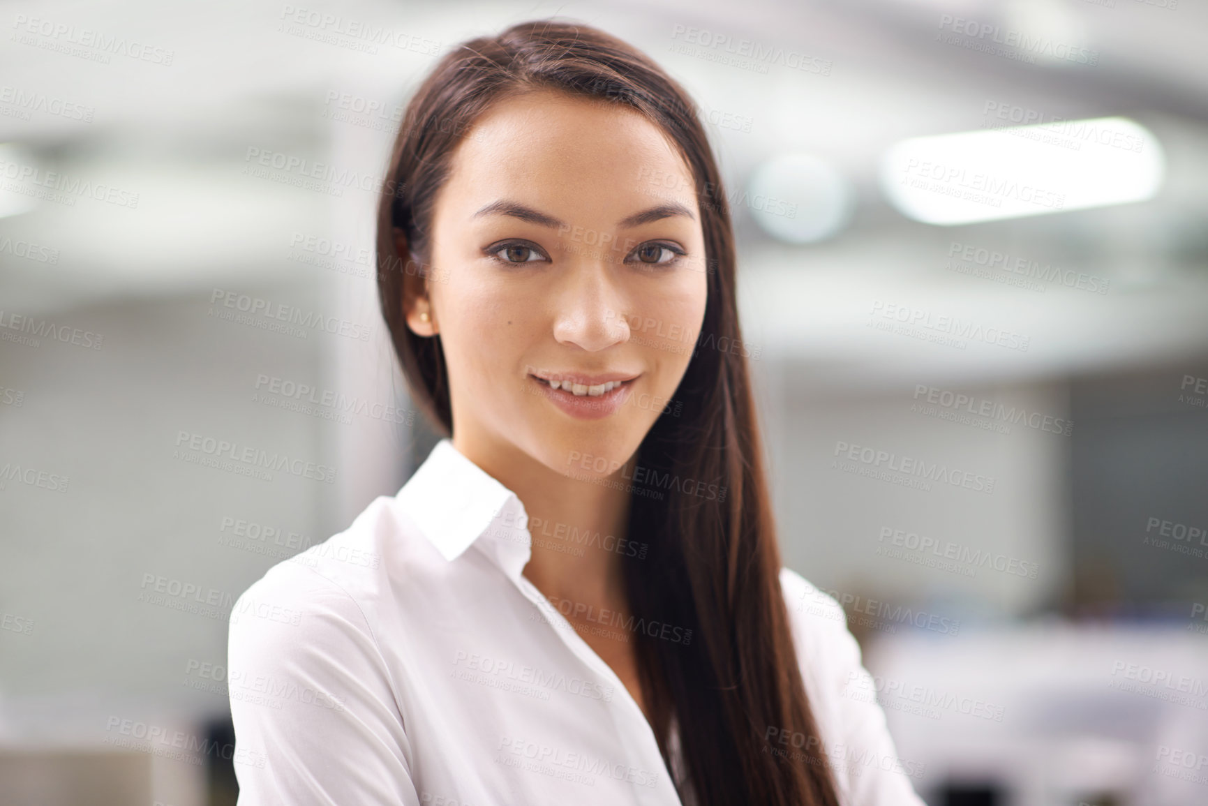 Buy stock photo Portrait, young and business woman with smile in office, closeup and professional person with ambition in career.  Pride, face or HR consultant for job satisfaction, FAQ or about us or we are hiring