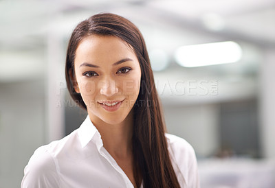 Buy stock photo Portrait, positive or business woman in office, closeup or professional person for ambition in career.  Face, smile or HR consultant for job satisfaction, FAQ or about us for we are hiring in company