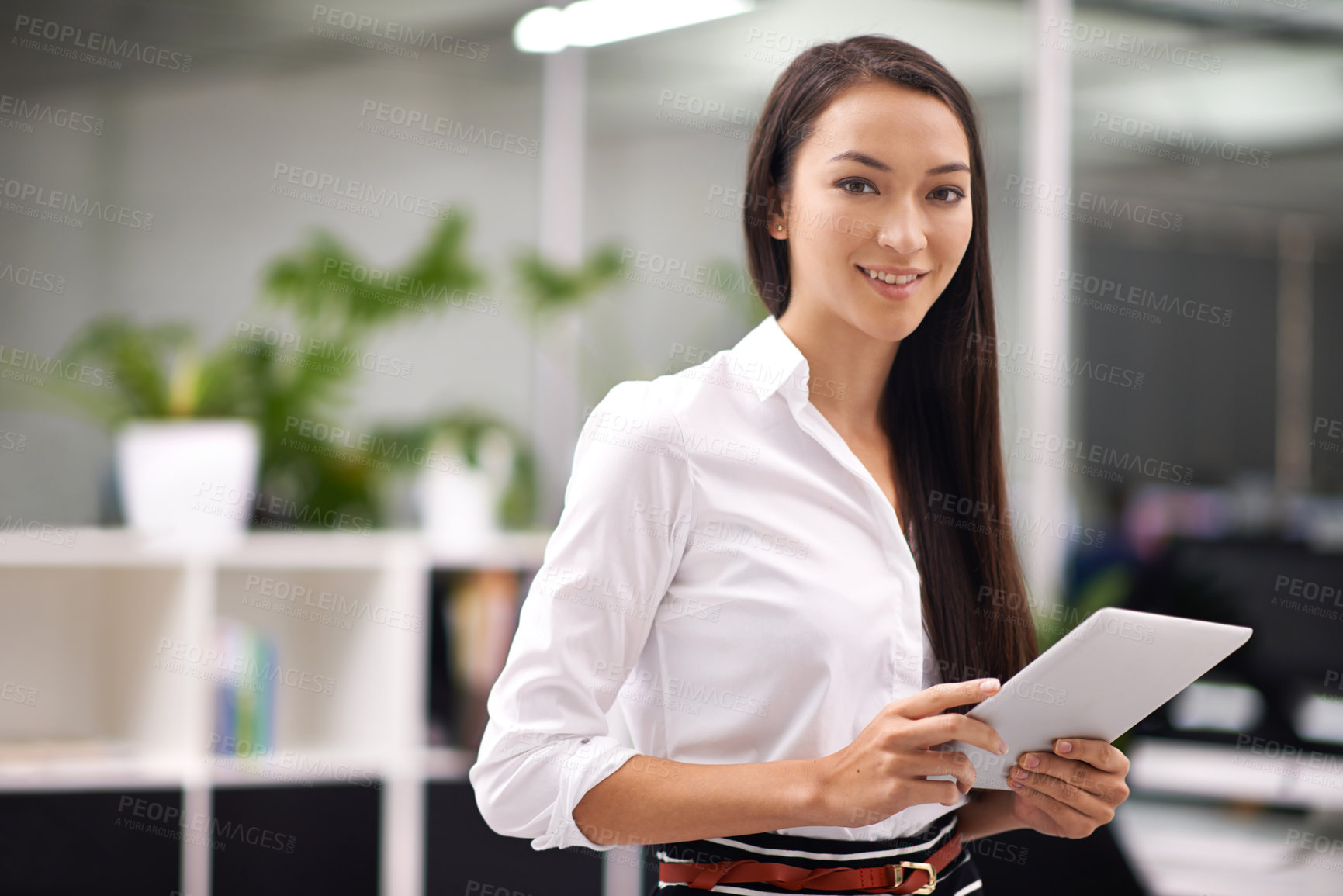 Buy stock photo Happy, tablet and portrait of business woman in office for creative research on internet. Smile, confident and professional Asian female designer with digital technology for project in workplace.