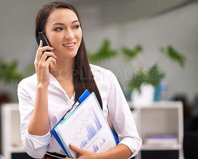 Buy stock photo Documents, phone call and thinking with business woman in corporate office for communication or networking. Finance,  planning and technology with happy young employee talking on mobile in workplace