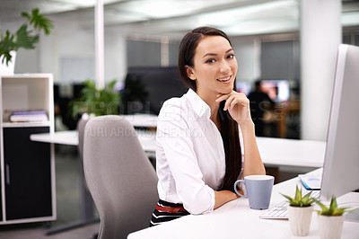 Buy stock photo Office, smile and portrait of woman with monitor at desk for research, report review or administration. Happy, face and employee with technology for hr, compliance and ready for work with coffee