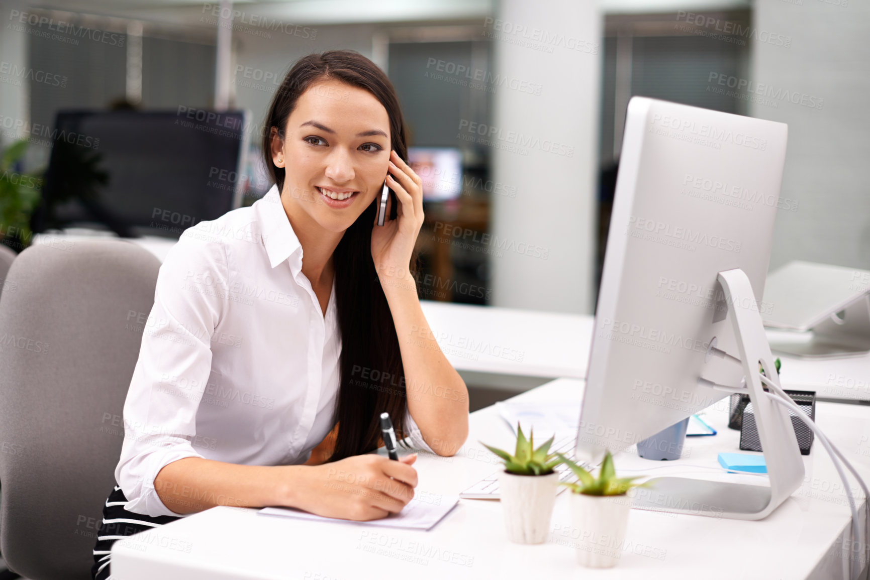 Buy stock photo Phone call, smile and thinking with business woman in corporate office for communication or networking. Computer, planning and writing with happy young employee talking on mobile at workplace desk