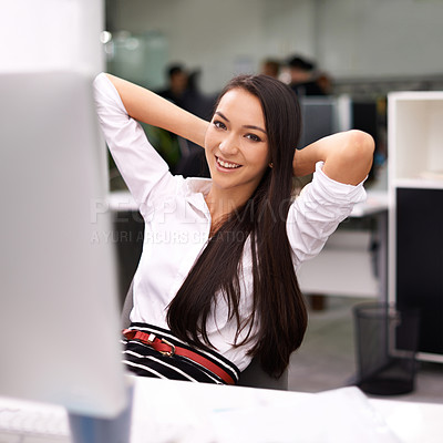 Buy stock photo Woman, office and computer to relax with smile for work on break or calm and satisfied with admin. Assistant, female person and happy on pc for internet or website search and hands behind head