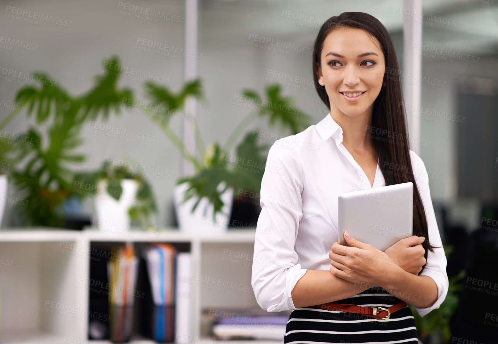 Buy stock photo Happy, tablet and business woman in office for creative research on internet or website. Smile, confident and professional Asian female designer with digital technology for project in workplace.