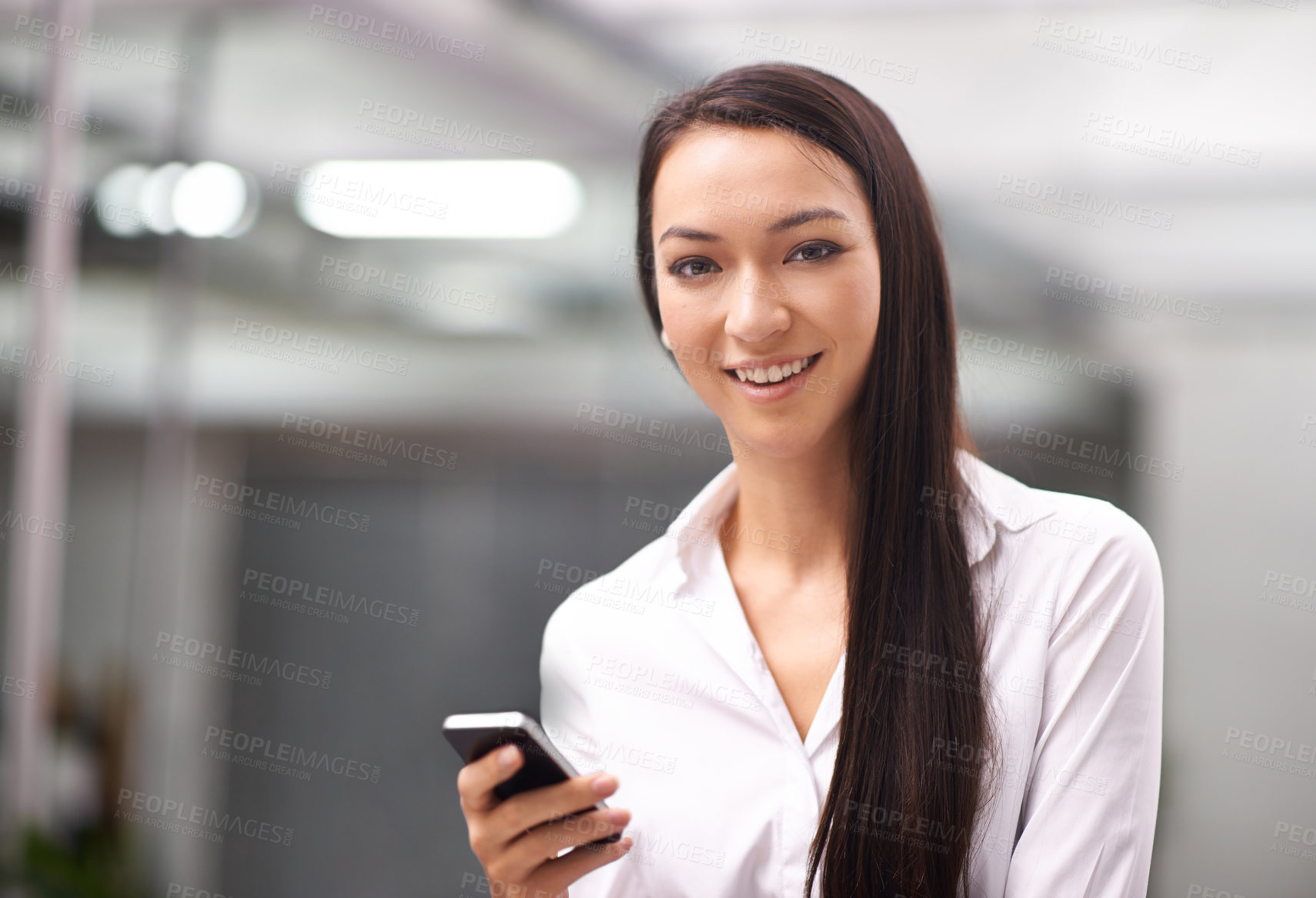 Buy stock photo Phone, smile and portrait of woman in office networking on social media, app or internet. Communication, happy and professional Asian female person with creative research on cellphone in workplace.