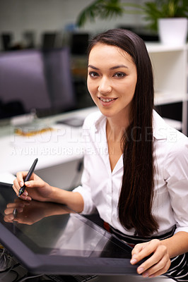 Buy stock photo Tablet, portrait and graphic designer in office, workspace and employee for creative career. Graduate, worker and woman for web design, artistic job and digital company with technology for drawing