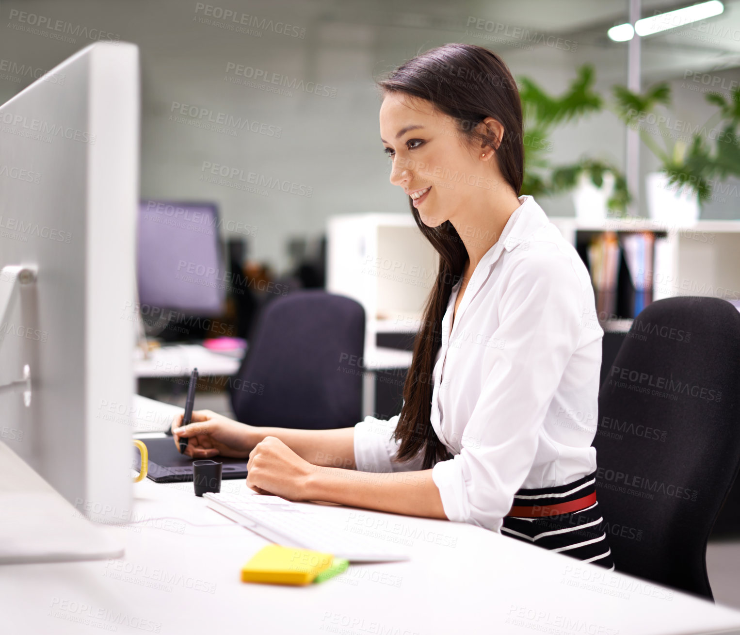 Buy stock photo Woman, office and computer as graphic designer with smile for work with stylus pen, drawing tablet and online ideas. Female person, pc and internet or website to search for creative artwork
