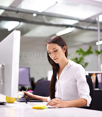 Buy stock photo Woman, office and computer in desk with schedule for work with sticky notes, paper and pen for administration. Assistant, female person and confident with pc for internet or website for search.