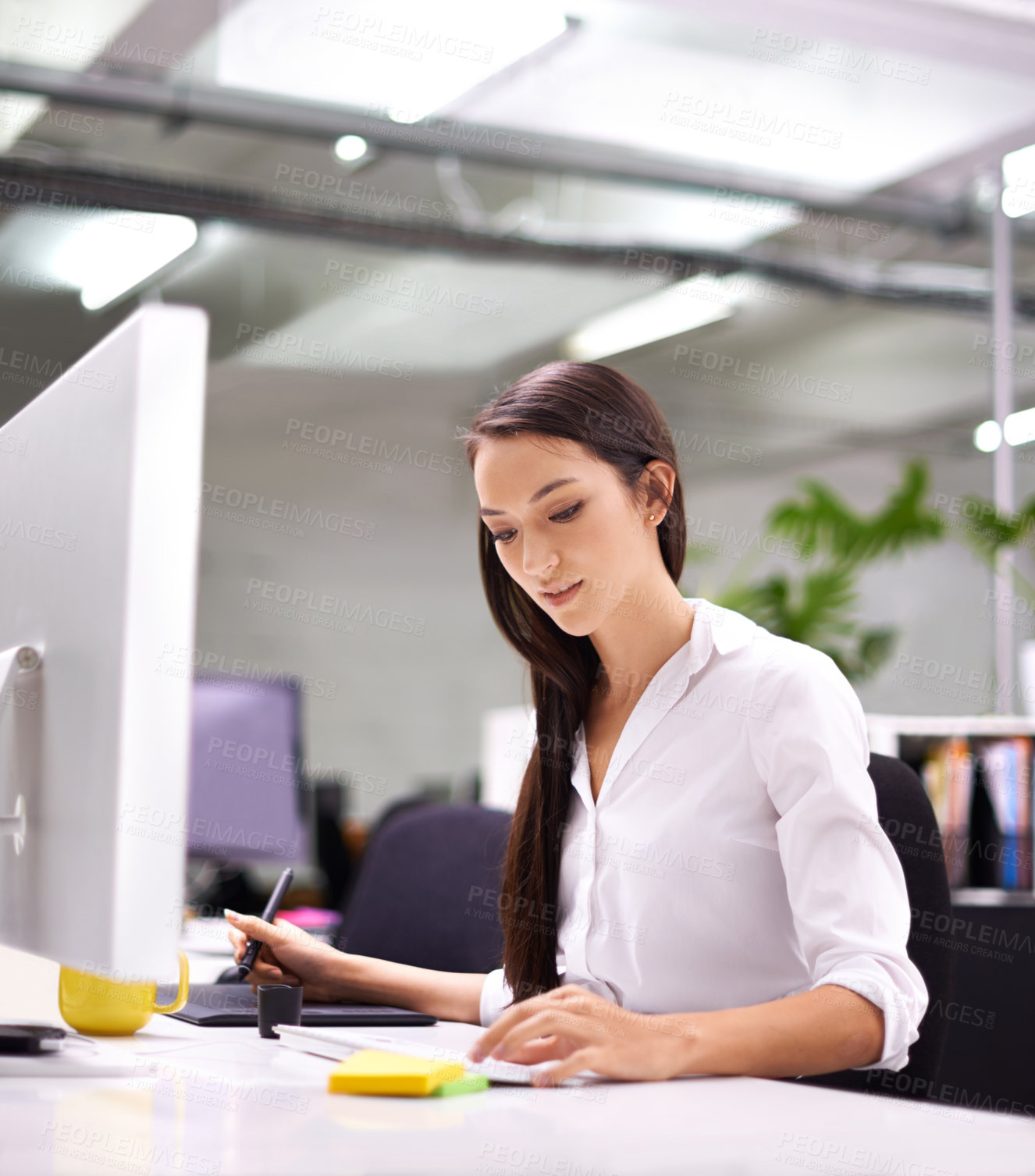 Buy stock photo Woman, office and computer in desk with schedule for work with sticky notes, paper and pen for administration. Assistant, female person and confident with pc for internet or website for search.