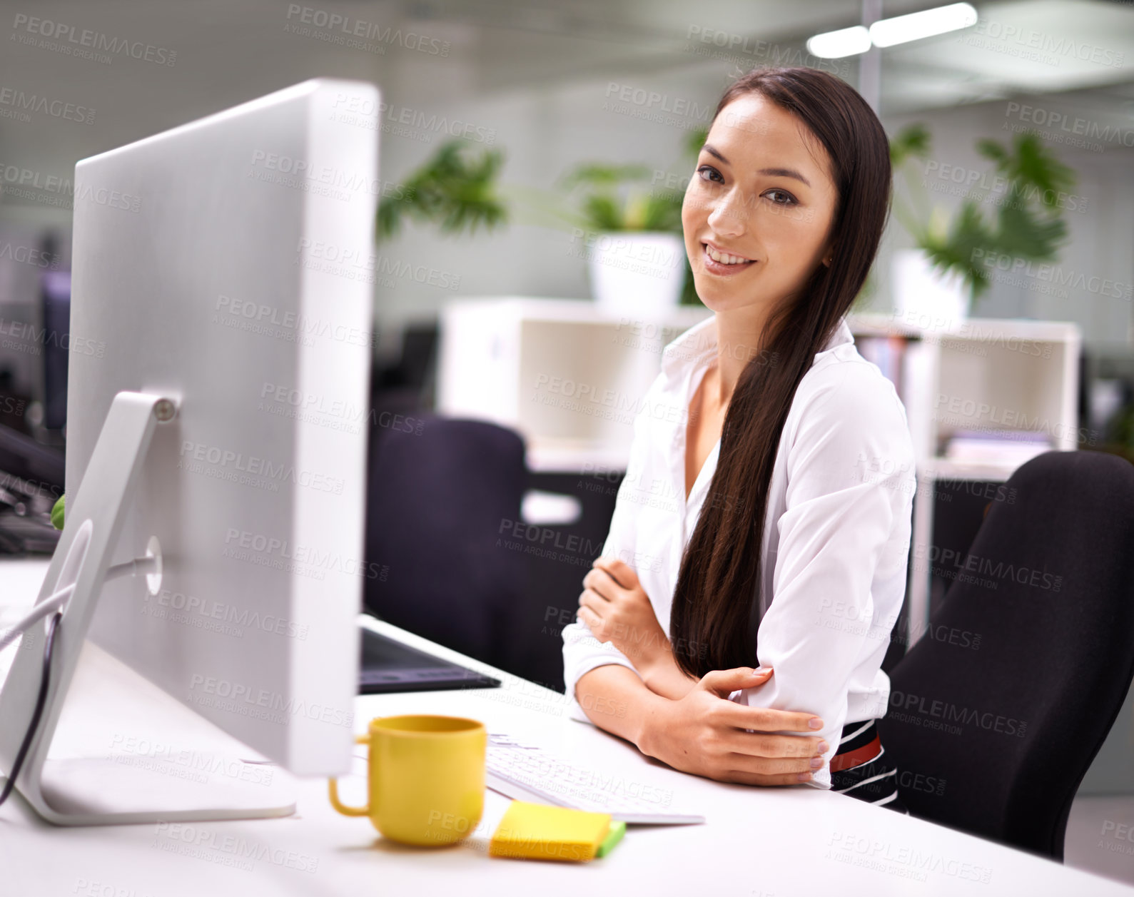 Buy stock photo Office, monitor and portrait of woman at desk for administration, research and compliance. Smile, face and employee with technology for Human Resources, internet search and ready for work with coffee