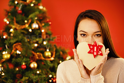 Buy stock photo Portrait of an attractive young woman holding up her christmas present