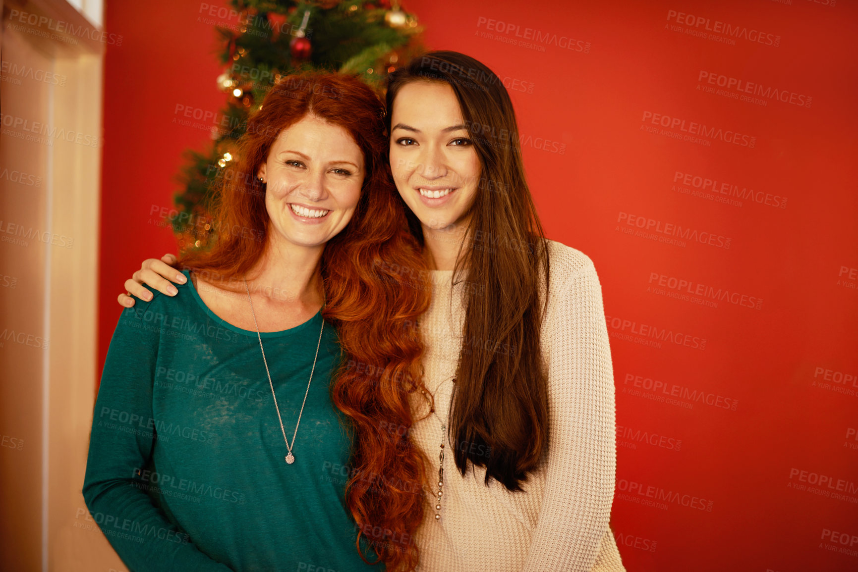 Buy stock photo Portrait of two young friends celebrating Christmas together