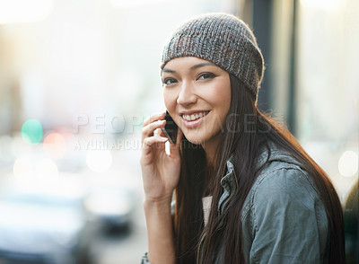 Buy stock photo Phone call, happy and portrait of woman in city for urban culture with mobile, modern vacation and travel. Female person, smartphone and conversation for connection, side walk and New York for tour