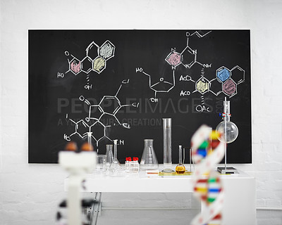 Buy stock photo Science, laboratory and equipment with blackboard, molecules and atoms with education. Medical, chalk and drawing with research and data with university and chemistry with element and compound