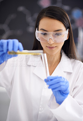 Buy stock photo Woman, laboratory and science experiment with test tube for medical research as virus breakthrough, particles or liquid. Female person, ppe and equipment for future innovation, chemical or solution