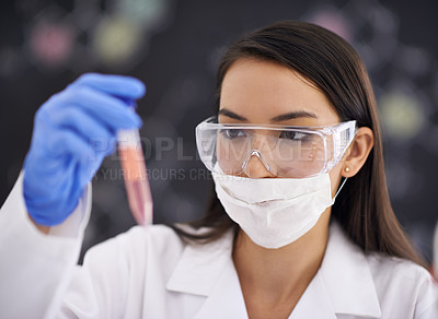 Buy stock photo Scientist, test tube and woman in mask for research, experiment and cure. Science, glasses and medical professional with vial for chemistry, study and check liquid sample for laboratory analysis