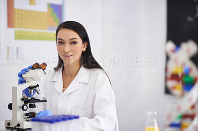Buy stock photo Portrait, scientist and woman with microscope for professional, experiment or test for biology in laboratory. Face, science and medical research with equipment, doctor or technician working in Spain