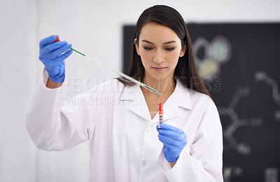 Buy stock photo Woman, laboratory and science research with test tube or medical chemistry for breakthrough, particles or liquid. Female person, equipment and future innovation for study, investigation or solution