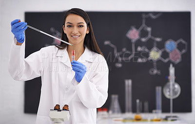 Buy stock photo Woman, portrait and science experiment with test tube for medical investigation for virus, breakthrough or research. Female person, face and laboratory for futuristic innovation, chemistry or sample