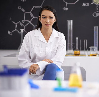 Buy stock photo Woman, portrait and laboratory scientist for medical experiment or virus breakthrough, research or investigation. Female person, face and equipment for dna testing or futuristic, biology or study