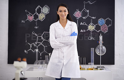 Buy stock photo Science, woman and portrait of scientist in laboratory for career, chemistry and innovation for medical research. Professional, worker and expert with microscope, test tube or diagram of molecule