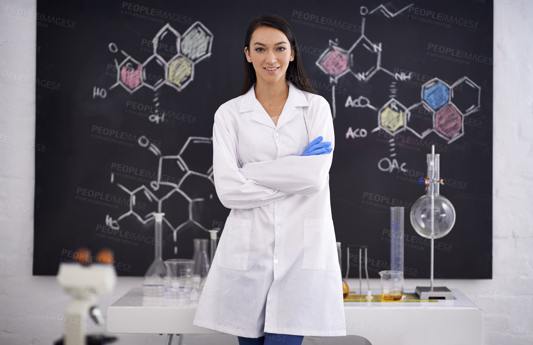 Buy stock photo Science, woman and portrait of scientist in laboratory for career, chemistry and innovation for medical research. Professional, worker and expert with microscope, test tube or diagram of molecule