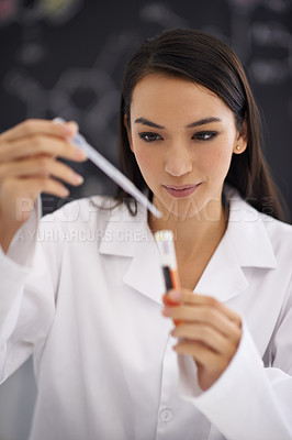 Buy stock photo Scientist, woman and dropper in test tube for research, experiment or biology with red liquid in laboratory. Science, medical professional and pipette for sample analysis of blood, dna and chemistry