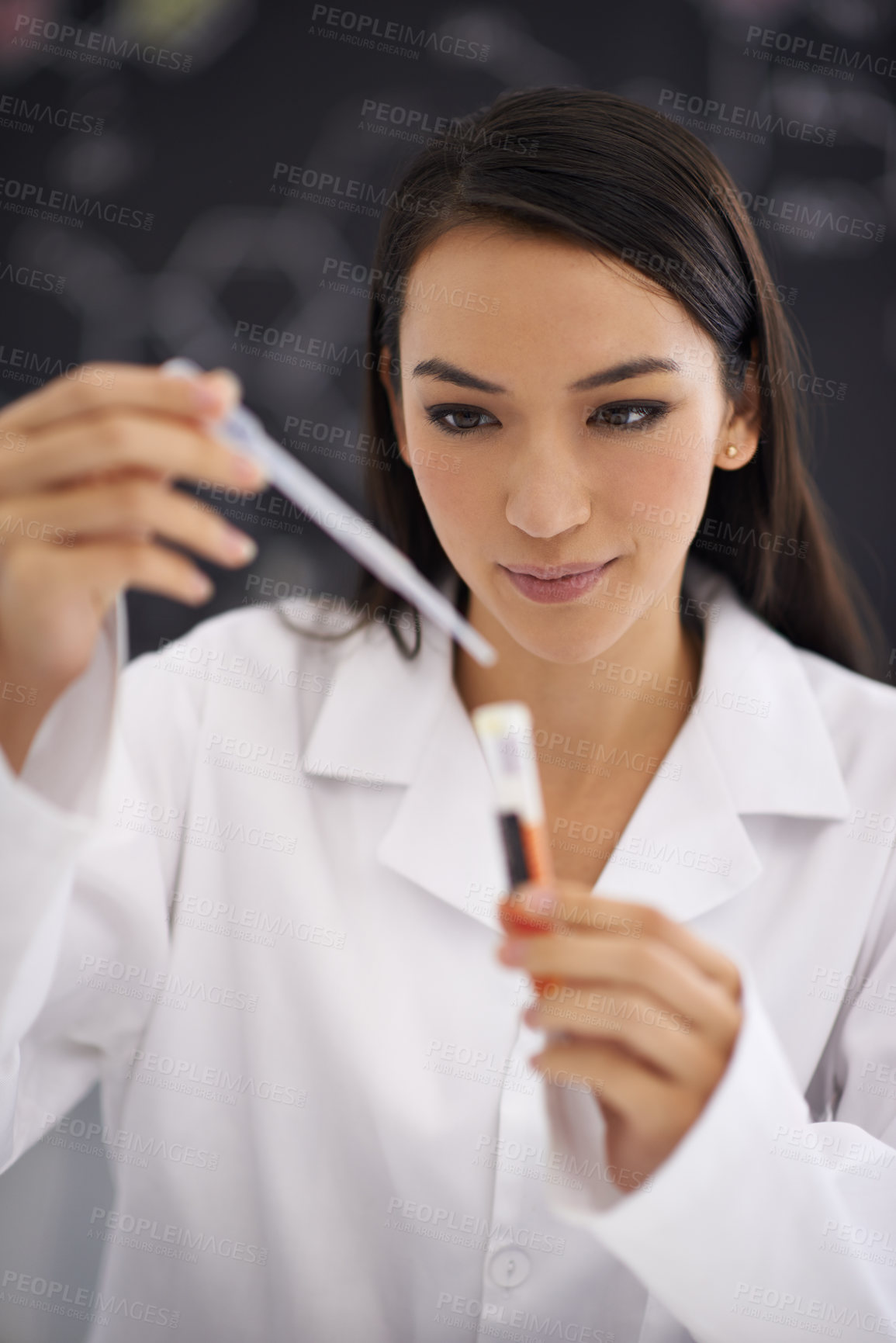 Buy stock photo Scientist, woman and dropper in test tube for research, experiment or biology with red liquid in laboratory. Science, medical professional and pipette for sample analysis of blood, dna and chemistry