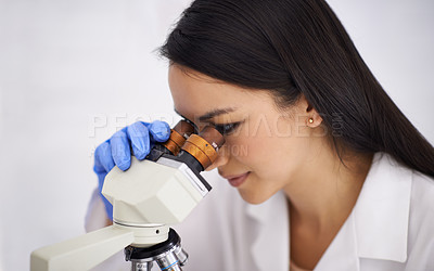 Buy stock photo Woman, laboratory and microscope for science experiment for medical breakthrough, futuristic or innovation. Female person, equipment and dna examination to studying genes, testing or investigation
