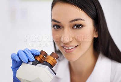Buy stock photo Woman, portrait and laboratory with microscope for science research as medical breakthrough, future or innovation. Female person, equipment and dna examination for pathology, test or investigation